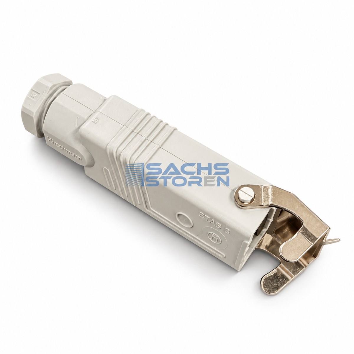 Hirschmann STAS 3 Stecker in Hellgrau mit geöffnetem Metall-Sicherungsbügel, seitliche Gesamtansicht.