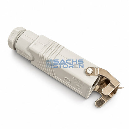 Hirschmann STAS 3 Stecker in Hellgrau mit geöffnetem Metall-Sicherungsbügel, seitliche Gesamtansicht.