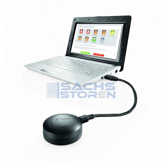 Somfy Set&Go io Einstellhilfe mit Laptop als Anwendungsbeispiel – Sachs Storen